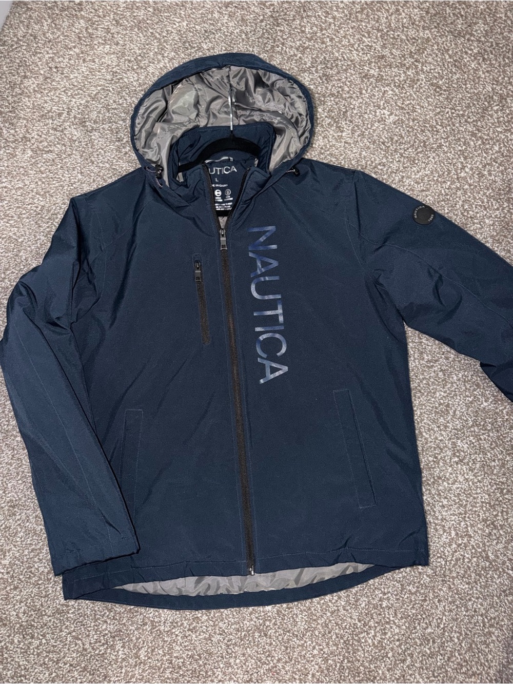 Nautica Men's Navy Hooded Rain Jacket with Vertical Logo